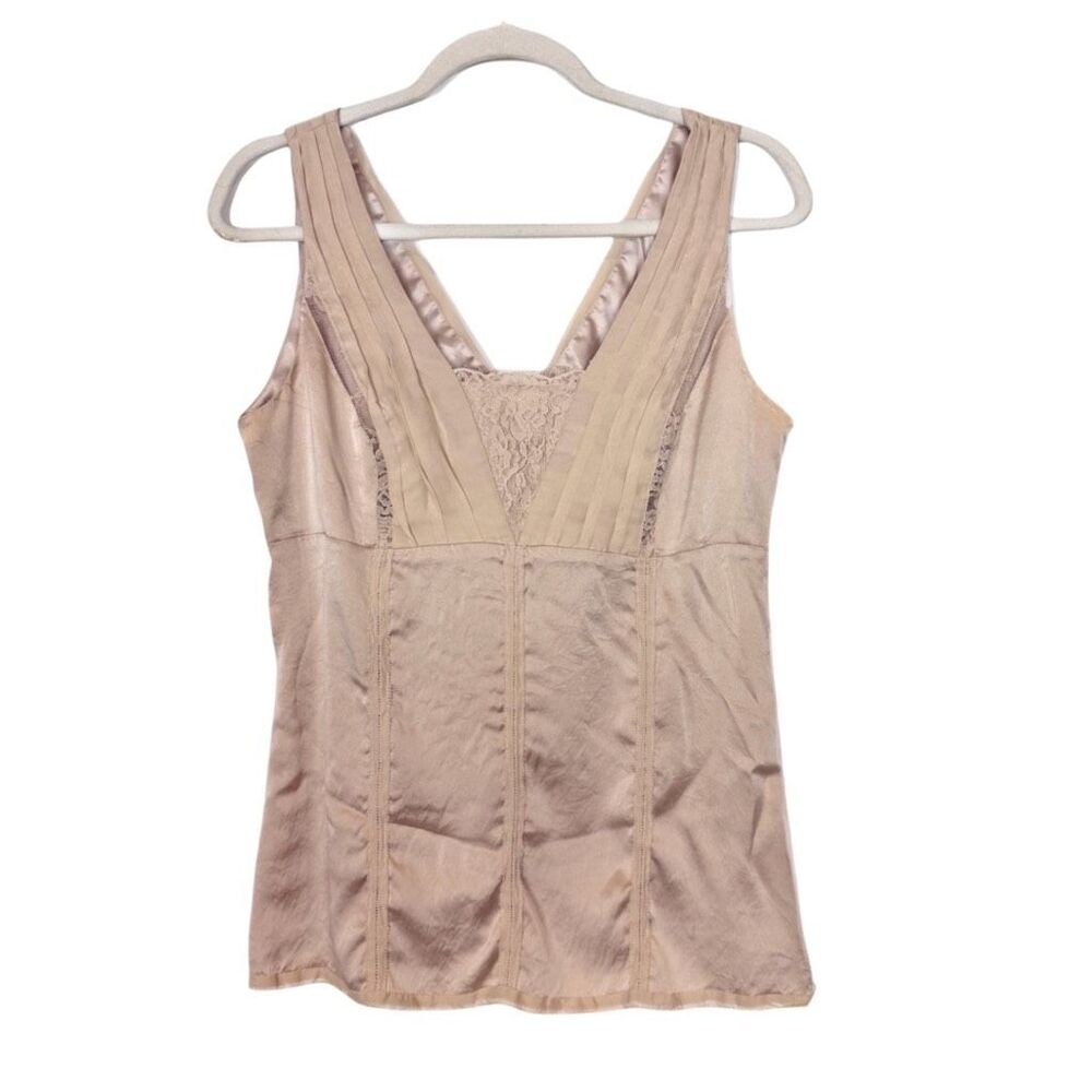 White House Black Market Tank Top Blouse 10 Beige Silk Pleated Lace Trim WHBM